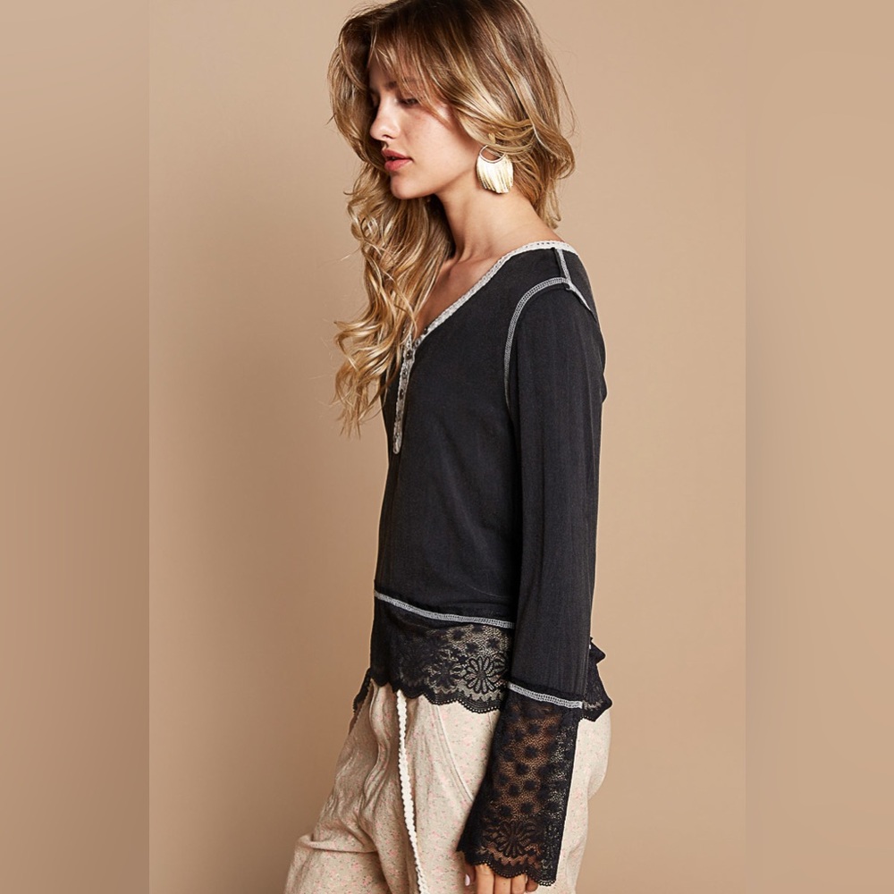 POL Black Henley Top Lace Sleeves - Picture 3 of 5